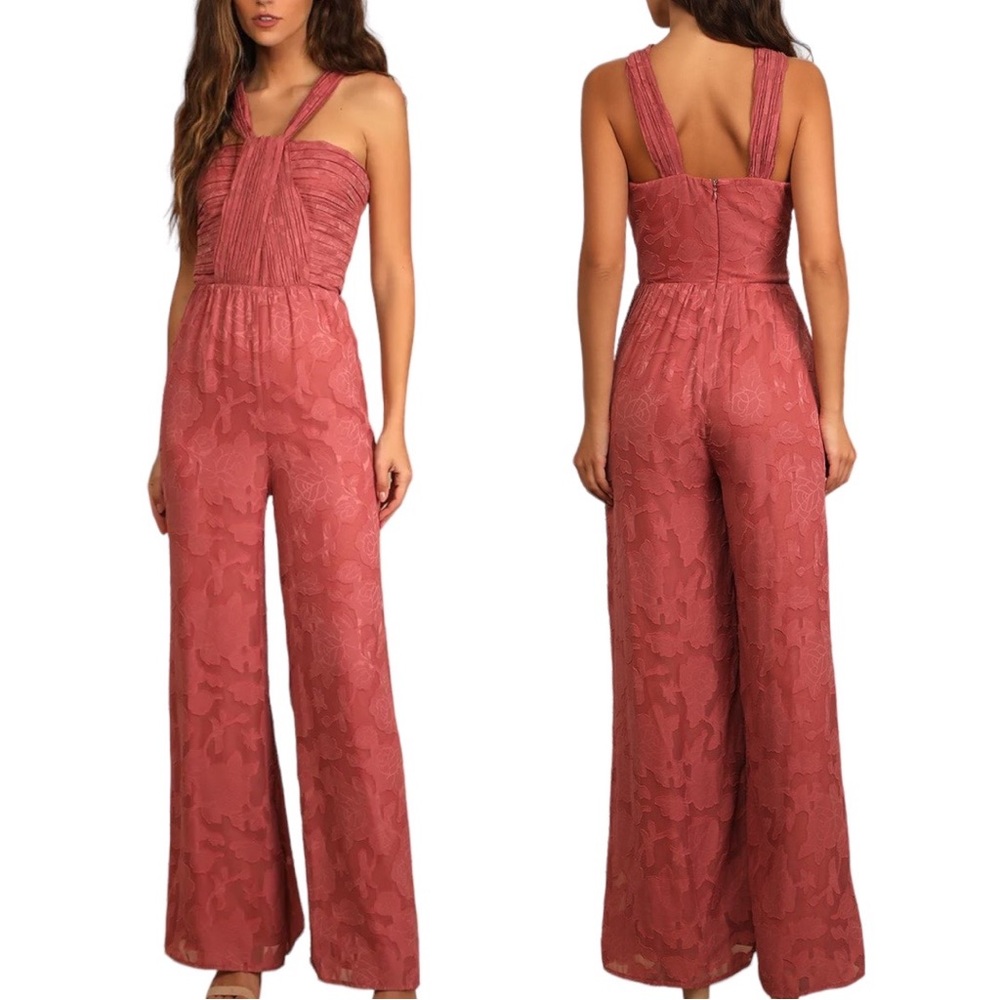 NWT Lulus Lovely Celebration Rose Pink Floral Burnout Chiffon Jumpsuit Sz Medium